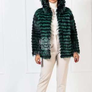 Luxury Green Silver Fox Fur Jacket With Hood