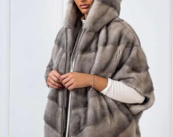 Luxury Scandinavian Sapphire Mink Fur Cape/Jacket With Lavish Hood