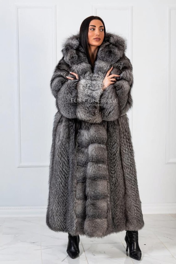 Luxury Frost Fox Fur Grey Coat With Huge Hood,full Length Coat,fox