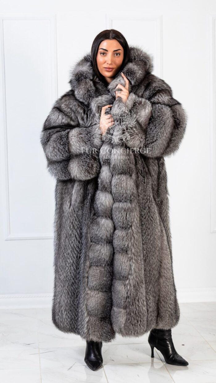 Luxury Frost Fox Fur Grey Coat With Huge Hood,full Length Coat,fox