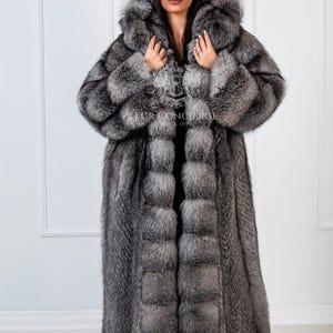 Luxury Frost Fox Fur Grey Coat With Huge Hood,full length coat,fox fur coat, luxury fur,real fur