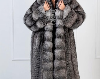 Luxury Frost Fox Fur Grey Coat With Huge Hood,full length coat,fox fur coat, luxury fur,real fur