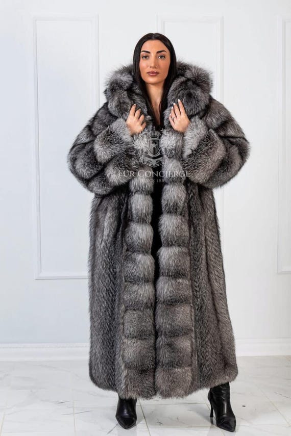 美品✨定価30万 フォクシー スノーミスト ウールジレ フォックスファー フリー Luxury Frost Fox Fur Grey Coat With Huge Hood,full Length Coat,fox