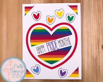 Könnte beinhalten: Ein druckbares Kartenmotiv mit einem Regenbogenherz mit dem Text "Happy Pride Month!" und einer Regenbogenflagge in der Ecke. Die Karte ist von kleinen Herzen in verschiedenen Farben umgeben.
