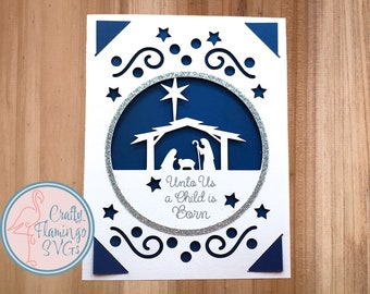 Cricut Nativity Card, Nativity Card SVG, Manger Scene Card, Christmas Card with Envelope, Christmas Nativity Card, Unto Us a Child is Born