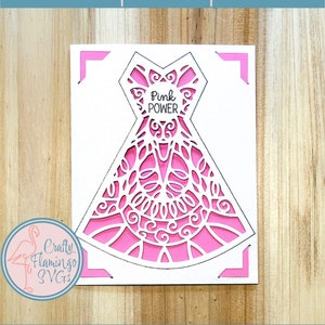 Cartão do mês do câncer de mama com vestido vintage rosa power svg, cartão do mês de conscientização do câncer de mama com envelope svg, cartão de vestido rosa para cricut