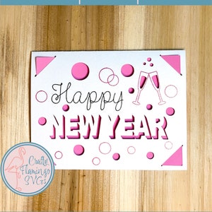 Cartão de bolhas de champanhe de feliz ano novo com envelope, cartão de ano novo DIY, SVG de feliz ano novo, cartão de inserção fácil de feliz ano novo para Cricut SVG