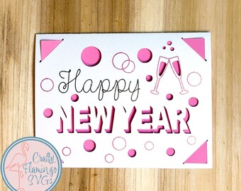 Happy New Year Champagne Card with Envelope: Cricut SVG, EPS, PDF (Digital Download)
