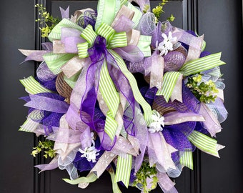 Spring wreath for front door, front door wreath, spring wall decor, spring decor, purple and green wreath