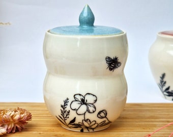 Floral Porcelain lidded jar with coral blue lid - handmade ceramic lidded container | Functional Art for the Home | Unique Ceramic Vessel