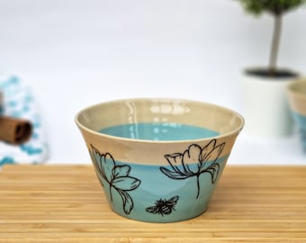 Turquoise Stoneware Dessert Bowl - floral ceramic serving dish - Unique Tableware Decorative Handcrafted Handmade Pottery