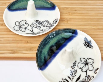 Porcelain ring holder display- ring dish stand - jewelry tray - floral ceramic handmade pottery