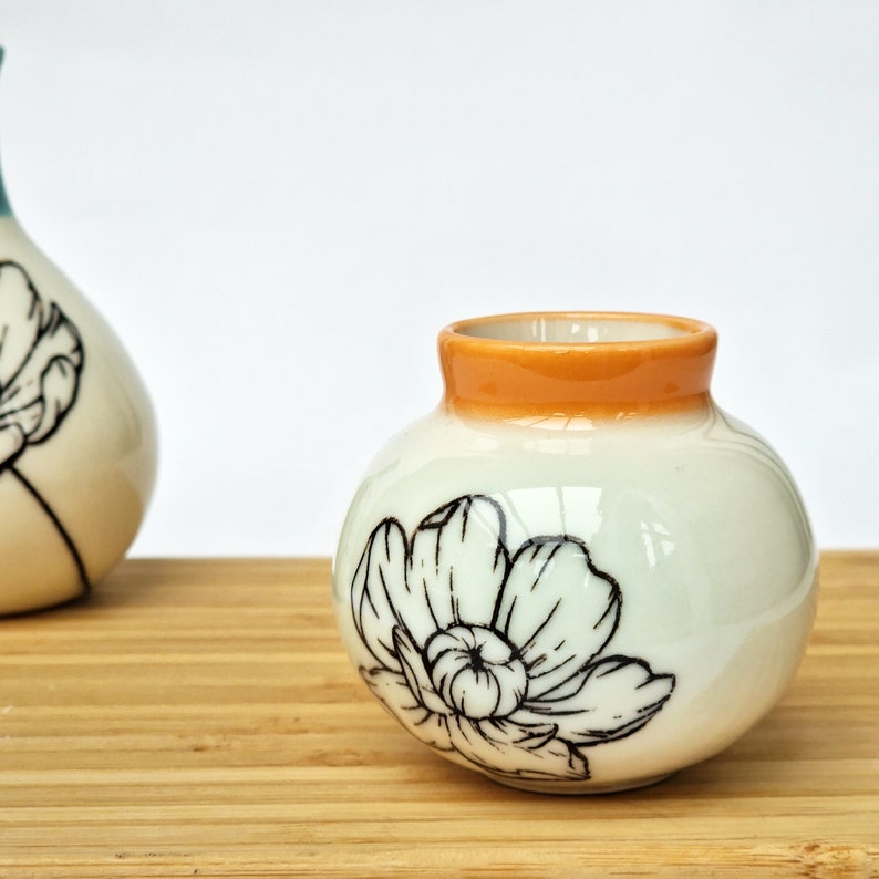 Set of 2 small porcelain bottles decorative floral vase handmade ceramics pottery image 3