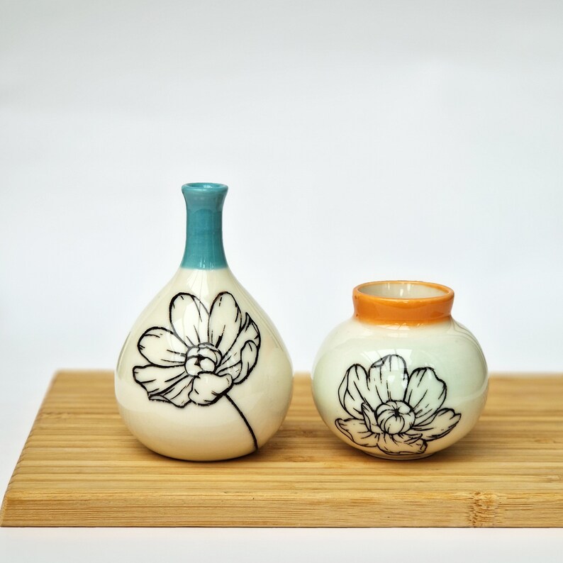 Set of 2 small porcelain bottles decorative floral vase handmade ceramics pottery image 8