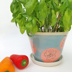Floral planter - Handmade pottery ceramics turquoise pink plant pot gift