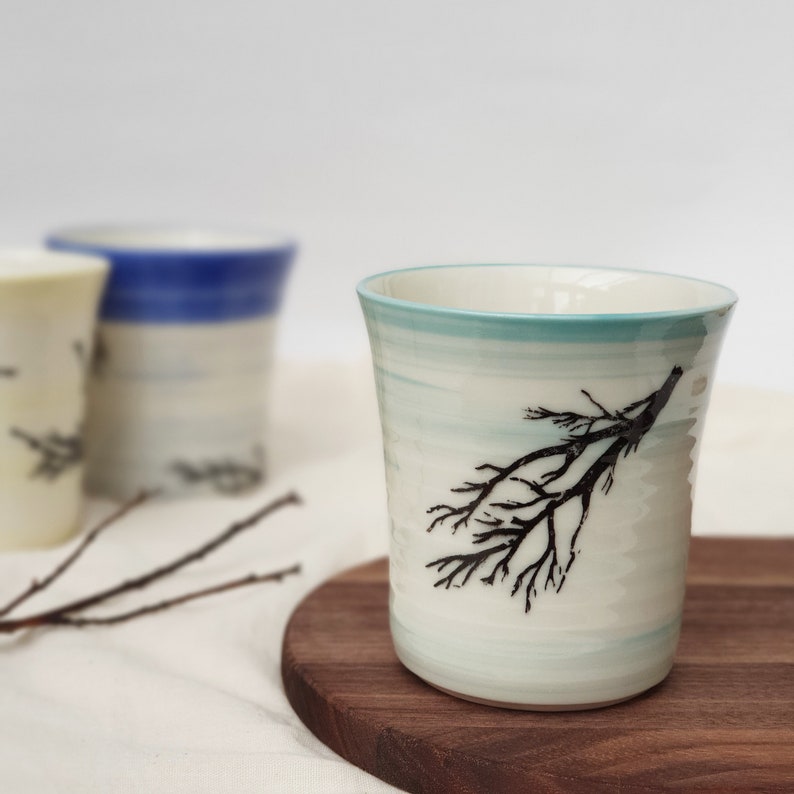 Tasse en porcelaine faite main décoration imprimée de branches, tasses à thé et à café, vaisselle en porcelaine, tasses à imprimé botanique, tasses en porcelaine uniques Mint Green