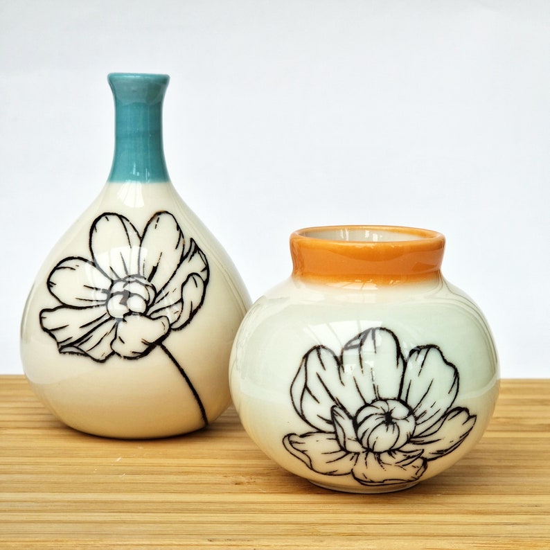 Set of 2 small porcelain bottles decorative floral vase handmade ceramics pottery image 1