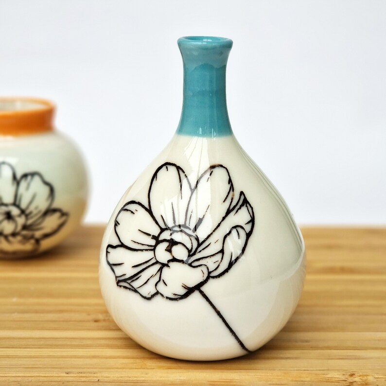 Set of 2 small porcelain bottles decorative floral vase handmade ceramics pottery image 2