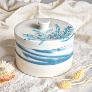 Porcelain Turquoise Marbled Box - Handmade Ceramic Lidded Jar or Container - Small Elegant White Floral Pottery with turquoise floral print