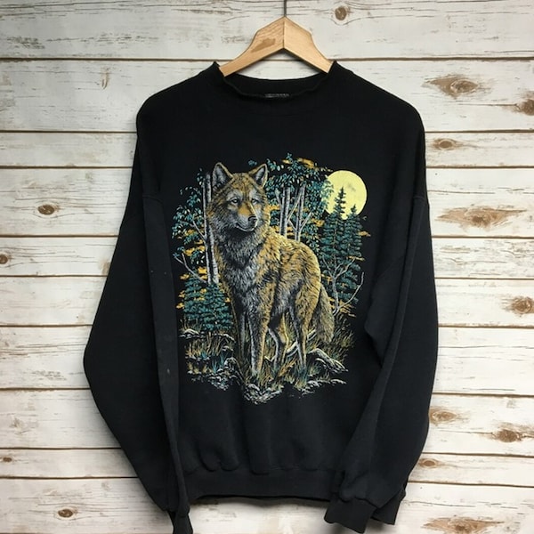 Vintage 80's 90's Wolf crewneck sweatshirt animal print hipster wolf distressed crew neck sweatshirt wolves wolfpack hipster