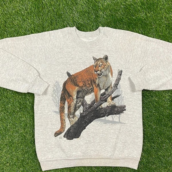 Vintage Cougar Crewneck Sweatshirt, Wild Animal Pull Over 1980s 80s Sweater Mountain Lion Puma Cat, GIft FOr Her, Gift For Him