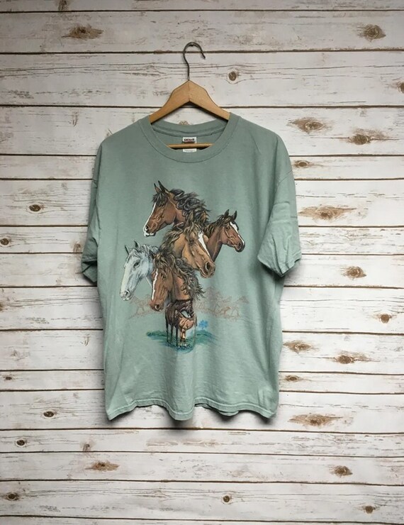 Vintage 90's Horse t-shirt faded green mint green super soft and thin Horseback riding t-shirt Animal print t shirt Zo