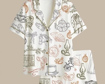 Conjunto de pijama de seda inspirado en Bridgerton, ropa de estar por casa con estampado de Jane Austen, regalo para ella