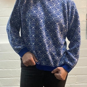Snowflake Blue and White Vintage Sweater Mock Turtleneck