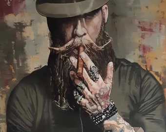 Man brutal Original oil painting canvas Beard style art Stylish man with tattoos picture Large male portrait handmade Modern wall decor