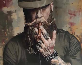 Uomo brutale Dipinto a olio originale su tela Uomo elegante con tatuaggi Immagine Decorazione murale moderna Uomo con cappello con barba e sigaro Ritratto maschile