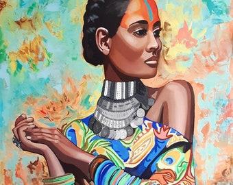 Dipinto acrilico originale su tela di donna araba, ragazza afroamericana, ritratto femminile, decorazione murale colorata, quadro moderno e luminoso, grande dipinto