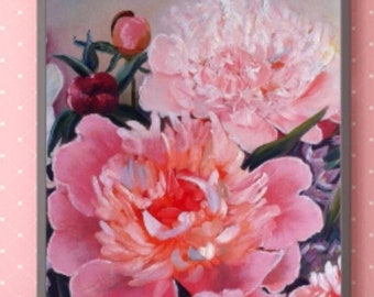 Peonie Pittura a olio originale Tela Immagine di fiori realistici Immagine di peonia in fiore Regalo di anniversario Arte floreale brillante Pittura personalizzata