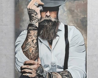 Man stylish Original oil painting canvas Man with beard picture Brutal guy an tattoos art Large male portrait Living room wall decor 46"x35"