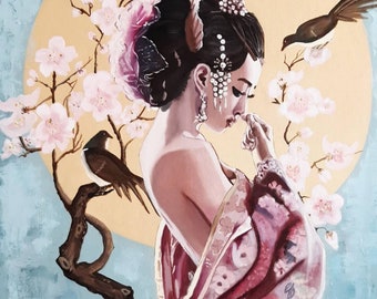 Ragazza asiatica Pittura a olio originale Donna cinese tela Geisha immagine Cultura tradizionale orientale Arte Ritratto femminile Pittura personalizzata