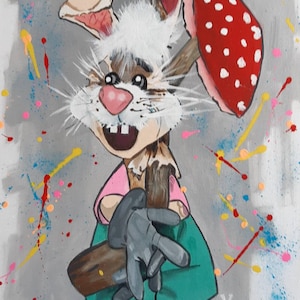 Kaninchen mit Fliegenpilz Original Acrylgemälde Weißer Hase Bild Kinderzimmer Kunst Kinder Geschenk Lustiges Häschen Wandbild für Kind