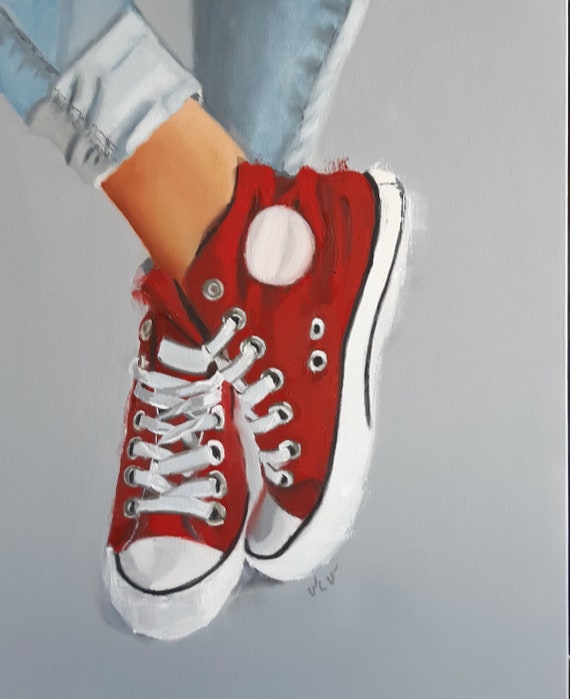 Sneakers Original Oil Painting Canvas Red Converse Room Decor Shoe