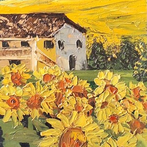 Champs de tournesols Peinture à l'huile originale sur panneau dur Petite image Faite à la main Art de ferme de campagne Texture 3D Peinture imoasto Maison rurale