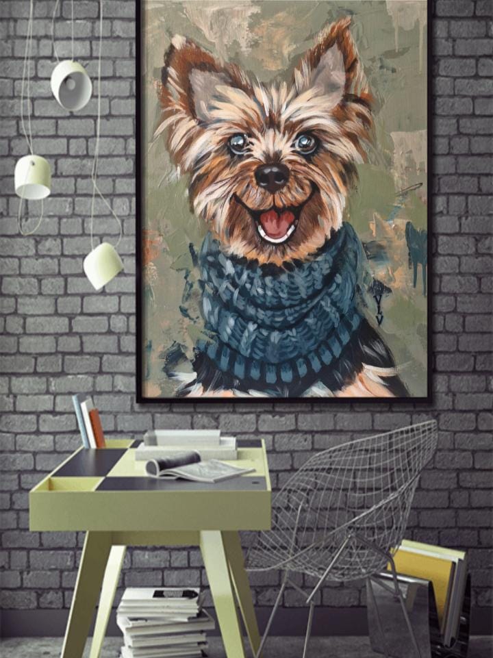 幸せなヨークシャーテリアのアクリル画 ヨークシャーテリアの犬の絵