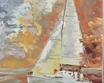 Barca a vela al tramonto sul mare, dipinto originale a olio su tela, piccolo quadro, texture, paesaggio marino, brezza marina, decorazione murale unica, onda dell'oceano, arte dello yacht