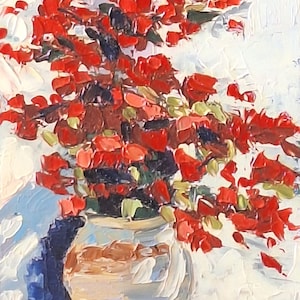 Bougenvillea Peinture à l’huile originale sur panneau dur Texture art technique 3D Petite image Vase avec fleurs Beaux-arts Fleurs rouges en fleurs