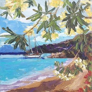 Peinture à l'huile sur panneau dur de la côte méditerranéenne Œuvre d'art originale Art des arbres en fleurs Art mural de voilier Peinture nautique à texture 3D Art du paysage marin