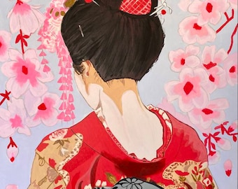 Geisha Original acrylic painting canvas Asian woman portrait Japanese girl view from back art Japan Traditional culture wall decor