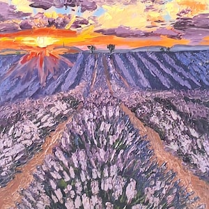 Peinture à l'huile de champ de lavande sur panneau dur Art original Image texturée Paysage 3D au coucher du soleil Art mural nature Ferme de lavande Art des provinces