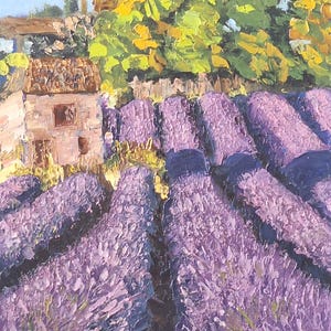 Peinture à l'huile sur un champ de lavande Panneau dur Œuvre d'art originale Art de ferme rurale Image de paysage Peinture texturée 3D Art floral violet