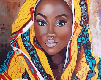 Giovane donna nera, dipinto ad olio su tela, ritratto di donna afroamericana, decorazione murale con regina africana, ragazza musulmana con hijab, immagine di ragazza araba