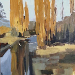 Autumn landscape Original Oil Painting canvas Ocher trees art Nature wall decor Abstract forest river meadow scenery Art in autumn colors