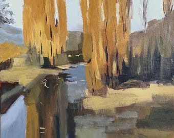 Paesaggio autunnale Dipinto originale ad olio su tela Alberi ocra Arte Decorazione murale natura Paesaggio astratto foresta fiume prato Arte nei colori autunnali