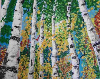 Betulle Dipinto a olio originale su tela Decorazione murale con texture 3D Paesaggio autunnale con foresta Immagine di un boschetto di betulle Arte naturalistica Paesaggio boschivo