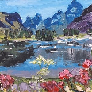 Peinture à l'huile de lac de montagne Panneau dur Petite texture Image 3D Fleurs sauvages en fleurs Art mural Paysage Beaux-arts Peinture unique Nature sauvage