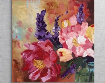 Dipinto a olio originale su tela con peonie rosa, texture 3D, fiori astratti, decorazione da parete, immagine di peonie in fiore, belle arti floreali, opera d'arte unica
